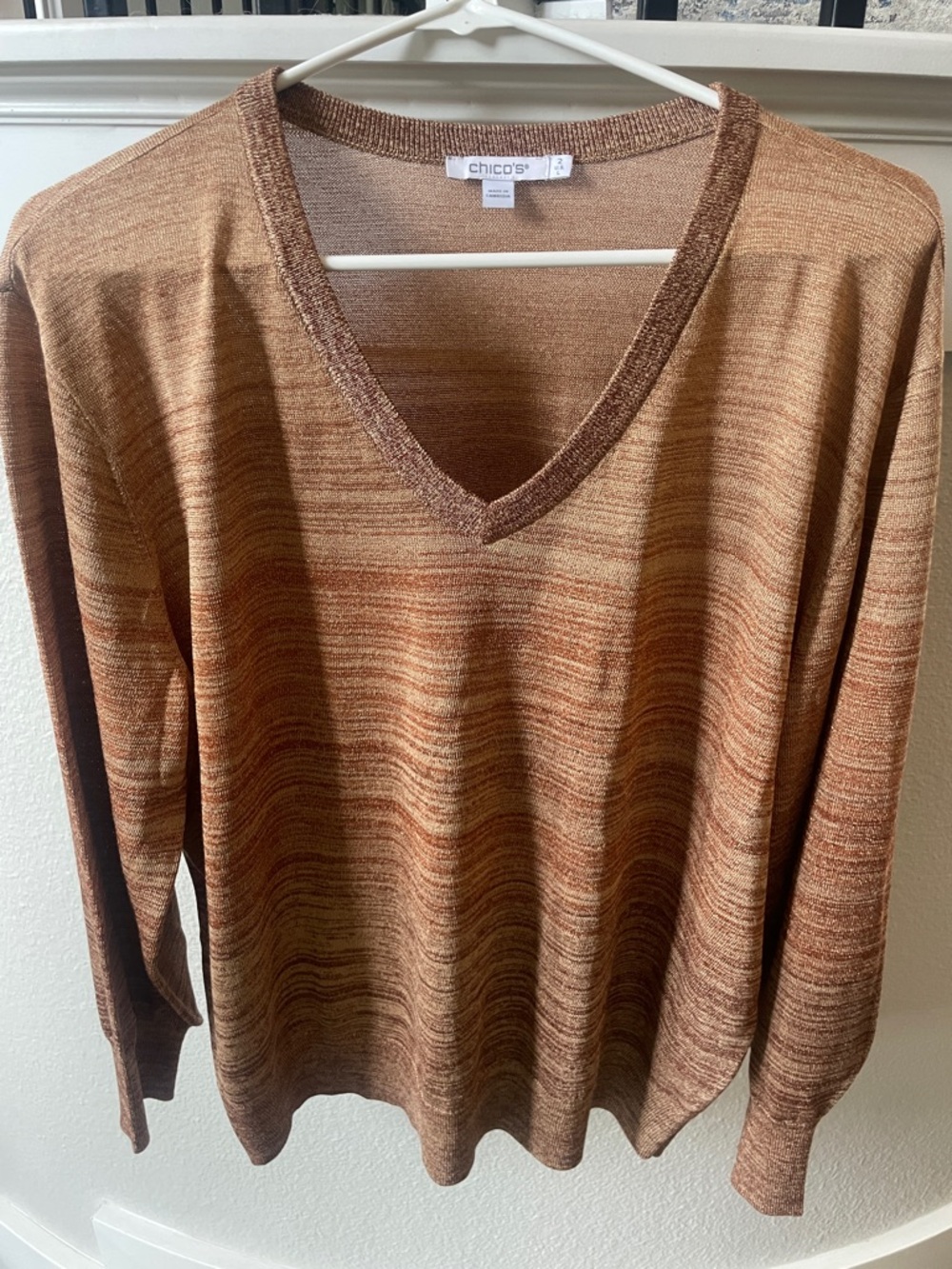 Chico's Marled V-Neck Sweater in Rust and Tan
